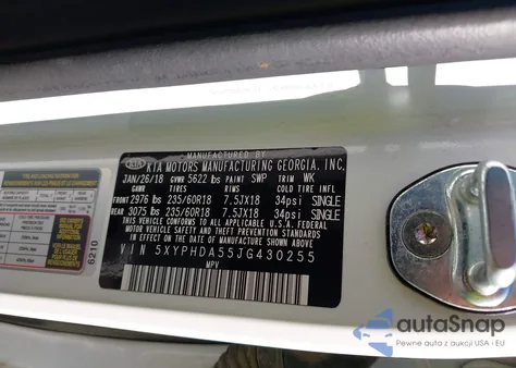 2018 Kia Sorento 3.3L Ex z USA, uszkodzony, nr VIN 5XYPHDA55JG430255